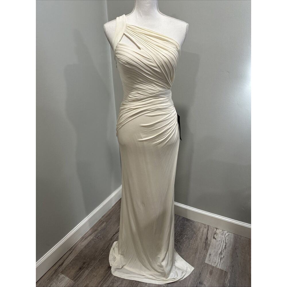 NWT Bebe One Shoulder Gathered Cutout Side Long Gown Dress Ivory Women's Size XS